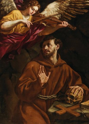 Saint Francis being comforted by an Angel by Francesco Cozza Oil Painting