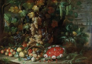 An overturned basket of fruit, flowers and vegetables with a strawberry-filled garland in a villa garden by Francesco Della Questa Oil Painting