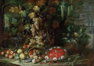 An overturned basket of fruit, flowers and vegetables with a strawberry-filled garland in a villa garden by Francesco Della Questa Oil Painting