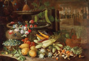 Flowers, fruit, and vegetables, with mushrooms beside a fountain in a villa garden Oil painting by Francesco Della Questa