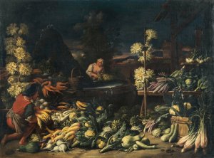 Fruit sellers by a fountain with vegetables and flowers by Francesco Della Questa Oil Painting
