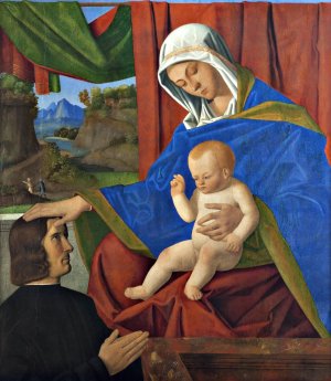 The Virgin with the Christ Child and a donor by Francesco Di Simone Da Santacroce Oil Painting
