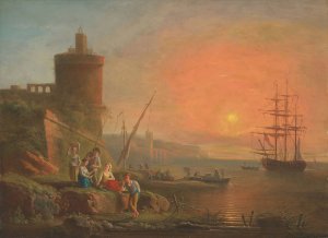 A coastal landscape at sunset with fisherfolk by the shore by Francesco Fidanza Oil Painting