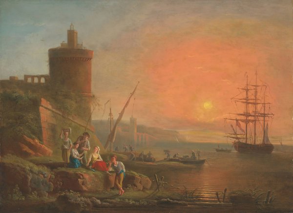A coastal landscape at sunset with fisherfolk by the shore by Francesco Fidanza - Hand-Painted Oil Painting Reproduction