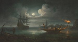 A moonlit Mediterranean harbour with fishermen pulling in their catch, a full-rigged pinnace and other shipping beyond by Francesco Fidanza Oil Painting