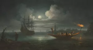 A moonlit Mediterranean harbour with fishermen pulling in their catch, a full-rigged pinnace and other shipping beyond by Francesco Fidanza Oil Painting