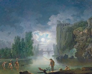 A moonlit river landscape with fishermen working by torchlight, the Temple of Vesta in the right background by Francesco Fidanza Oil Painting