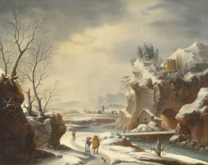 A snowy landscape with travellers by a river by Francesco Foschi Oil Painting