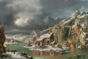 A winter landscape with travellers by a river by Francesco Foschi Oil Painting