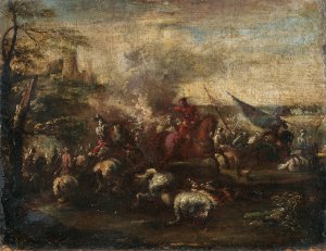 A cavalry battle scene by Francesco Graziani Oil Painting