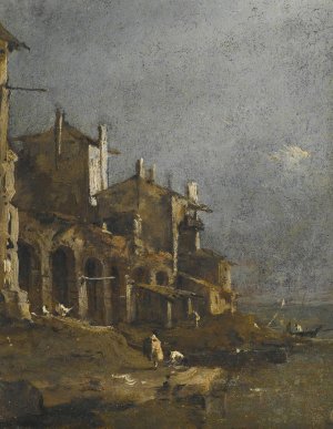 A Capriccio Coastal Landscape With Figures On The Shore Beneath An Arcade by Francesco Guardi Oil Painting
