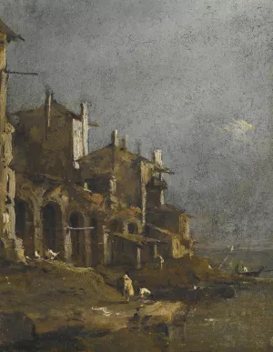 A Capriccio Coastal Landscape With Figures On The Shore Beneath An Arcade by Francesco Guardi Oil Painting