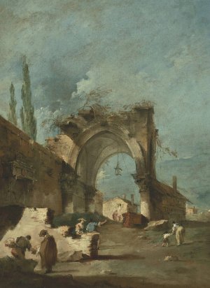 A Capriccio Of Buildings With Figures By A Ruined Arch by Francesco Guardi Oil Painting
