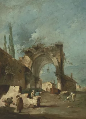 A Capriccio Of Buildings With Figures By A Ruined Arch by Francesco Guardi Oil Painting