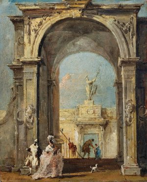An architectural capriccio with elegantly dressed figures and a dog at the entrance to a palace by Francesco Guardi Oil Painting