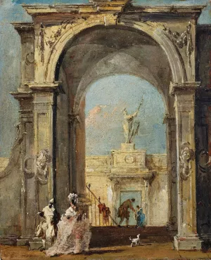 An architectural capriccio with elegantly dressed figures and a dog at the entrance to a palace by Francesco Guardi Oil Painting