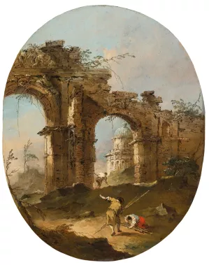 An Architectural Capriccio With Figures By A Ruined Arch by Francesco Guardi Oil Painting