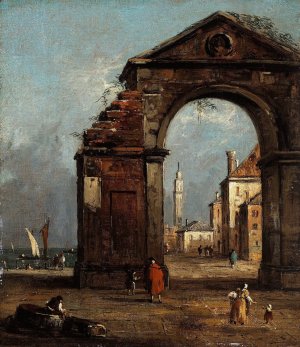 Caprice, avec arc triomphal en ruine et paysage du bord de la lagune by Francesco Guardi Oil Painting