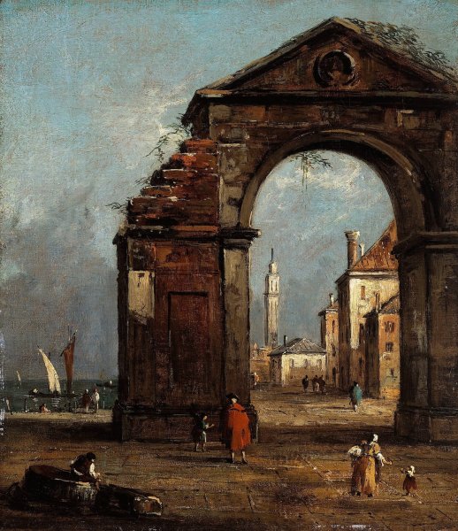 Main Product Photo of Caprice, avec arc triomphal en ruine et paysage du bord de la lagune  Painting by Francesco Guardi