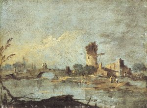 Caprice rustique, avec pont et tour en ruine by Francesco Guardi Oil Painting