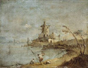 Caprice rustique, avec tour au bord de l'eau by Francesco Guardi Oil Painting
