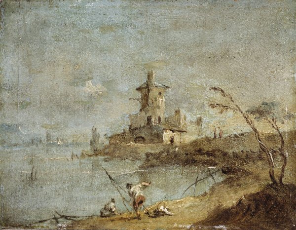 Caprice rustique, avec tour au bord de l'eau  by Francesco Guardi - Hand-Painted Oil Painting Reproduction