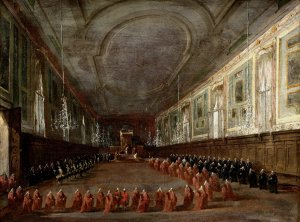 Pope Pius VI Descending the Throne to Take Leave of the Doge in the Hall of SS. Giovanni e Paolo, 1782 by Francesco Guardi Oil Painting