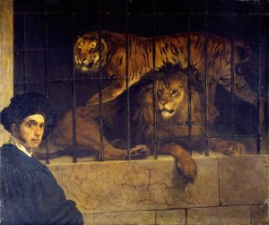 Self-Portrait with Tiger and Lion by Francesco Hayez Oil Painting