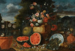 Still Life With A Large Arrangement Of Flowers In A Carved Stone Urn, With Open Watermelons, Figs And Earthenware Pots On The Garden Floor Beneath by Francesco Lavagna Oil Painting