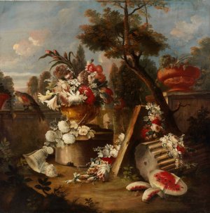 Sumptuous Floral and Fruit Still Life in an Extensive Landscape by Francesco Lavagna Oil Painting