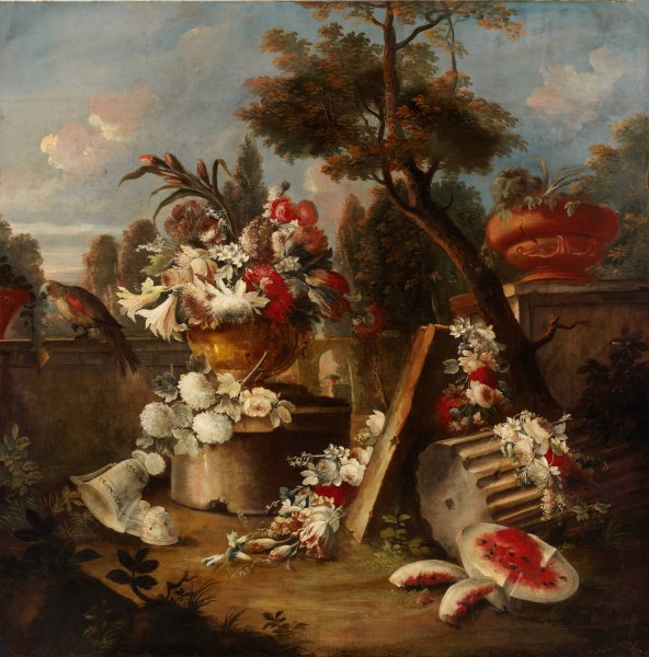 Sumptuous Floral and Fruit Still Life in an Extensive Landscape  by Francesco Lavagna - Hand-Painted Oil Painting Reproduction