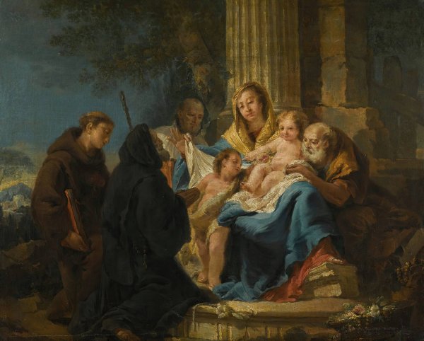 The Holy Family With Saint Francesco Di Paola And A Franciscan Saint by Francesco Lorenzi - Hand-Painted Oil Painting Reproduction