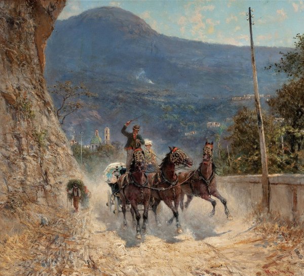 Horses and Travelers Ascending an Italian Mountain Road  by Francesco Mancini - Hand-Painted Oil Painting Reproduction