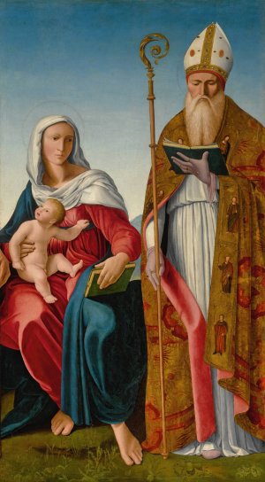 Madonna and Child with a Bishop Saint by Francesco Marmitta Oil Painting
