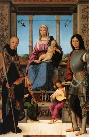 Virgin and Child Flanked by Sts Benedict and Quentin by Francesco Marmitta Oil Painting