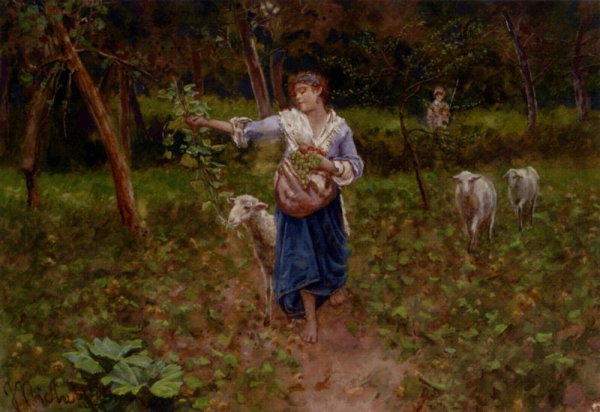 Main Product Photo of A Shepherdess in a Pastoral Landscape Painting by Francesco Paolo Michetti