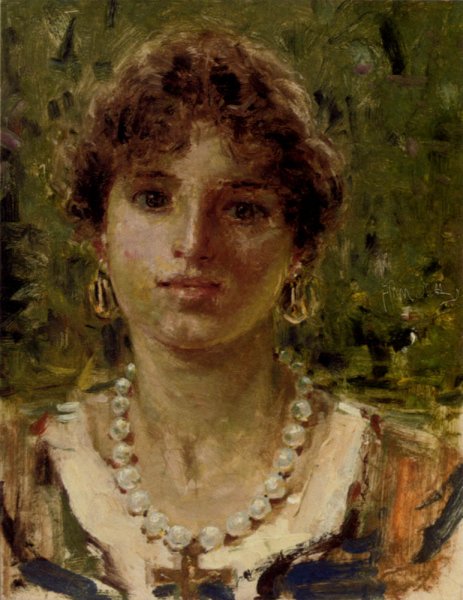 Portrait Of A Girl Wearing A Pearl Necklace by Francesco Paolo Michetti - Hand-Painted Oil Painting Reproduction