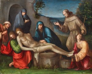 The Lamentation of Christ with Angels by Francesco Raibolini Oil Painting