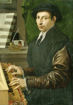 Portrait of a man playing a virginal by Francesco Traballesi Oil Painting