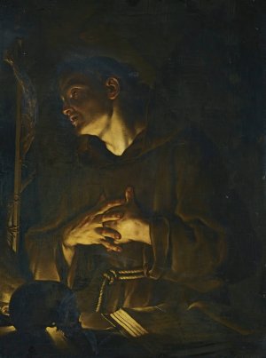 Saint Francis Praying Before A Crucifix By Candlelight by Francesco Trevisani Oil Painting