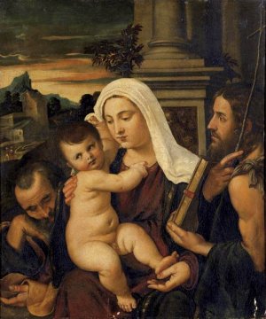 Madonna and Child with Sts Joseph and John the Baptist by Francesco Vecellio Oil Painting