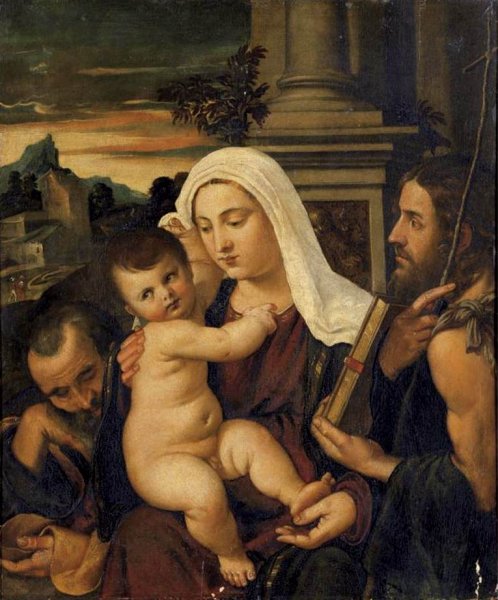 Main Product Photo of Madonna and Child with Sts Joseph and John the Baptist Painting by Francesco Vecellio