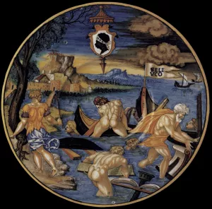 Plate with the Sinking of the Fleet of Seleucus by Francesco Xanto Avelli Oil Painting