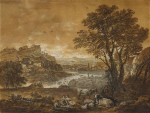 A Landscape with Shepherds Resting Under a Tree by a Cascade by Francesco Zuccarelli Oil Painting