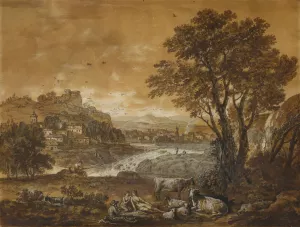 A Landscape with Shepherds Resting Under a Tree by a Cascade by Francesco Zuccarelli Oil Painting