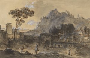 Classical Landscape; A Town and a Mountain by the Coast by Francesco Zuccarelli Oil Painting