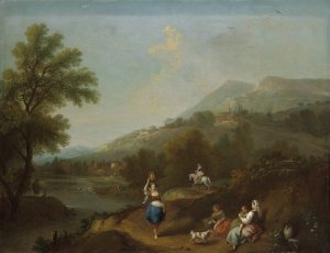 Idyllic River Landscape with Figures by Francesco Zuccarelli Oil Painting