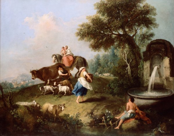 Main Product Photo of Landscape with a Fountain, Figures and Animals Painting by Francesco Zuccarelli