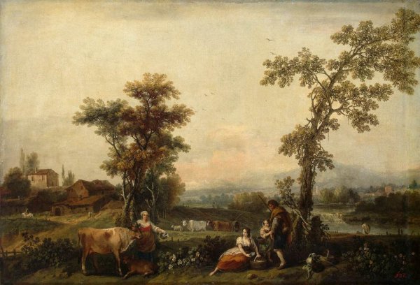 Main Product Photo of Landscape with a Woman Leading a Cow Painting by Francesco Zuccarelli