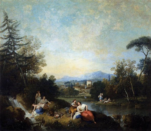 Main Product Photo of Landscape with Girls at the River Painting by Francesco Zuccarelli